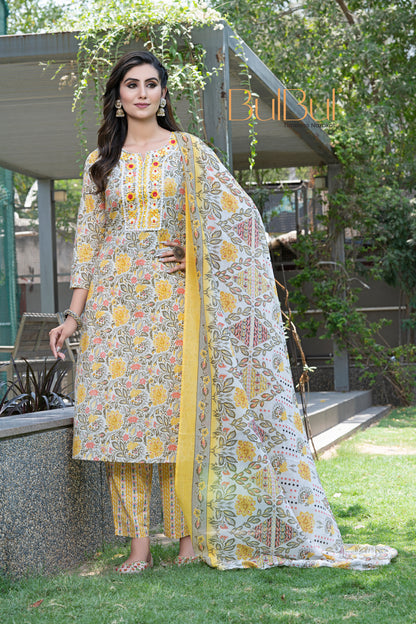 Pure Cotton Mustard Printed Kurta Set with Intricate Thread Embroidery & Mirror Work Neckline with Dupatta