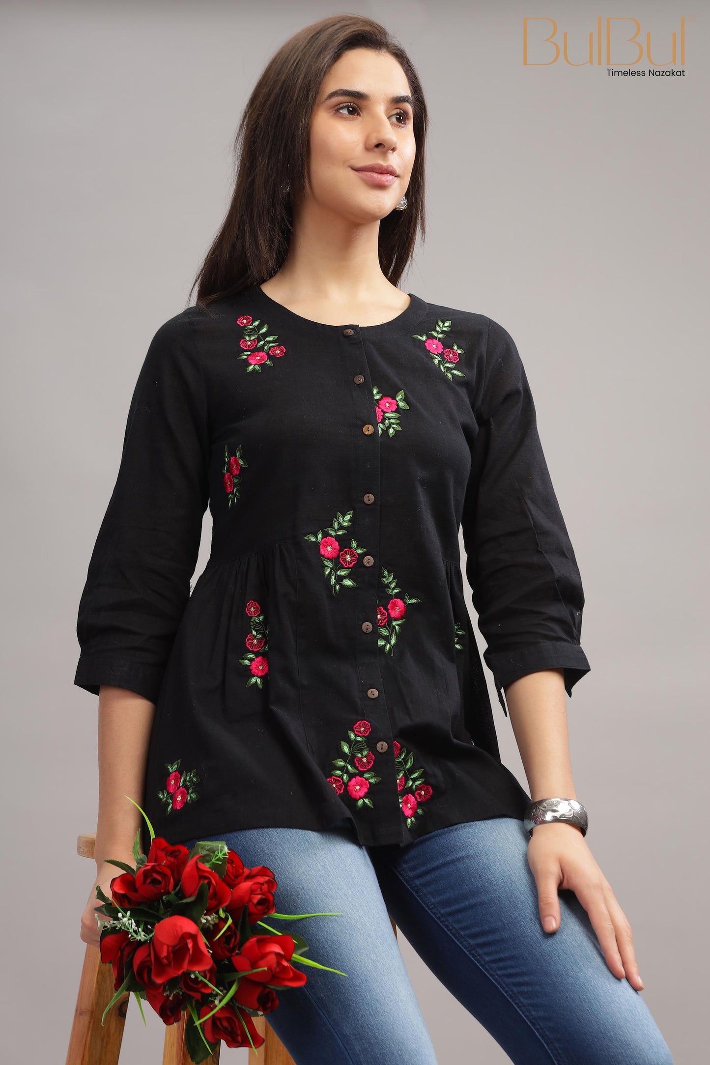 Sherry Black Cotton Slub Tops