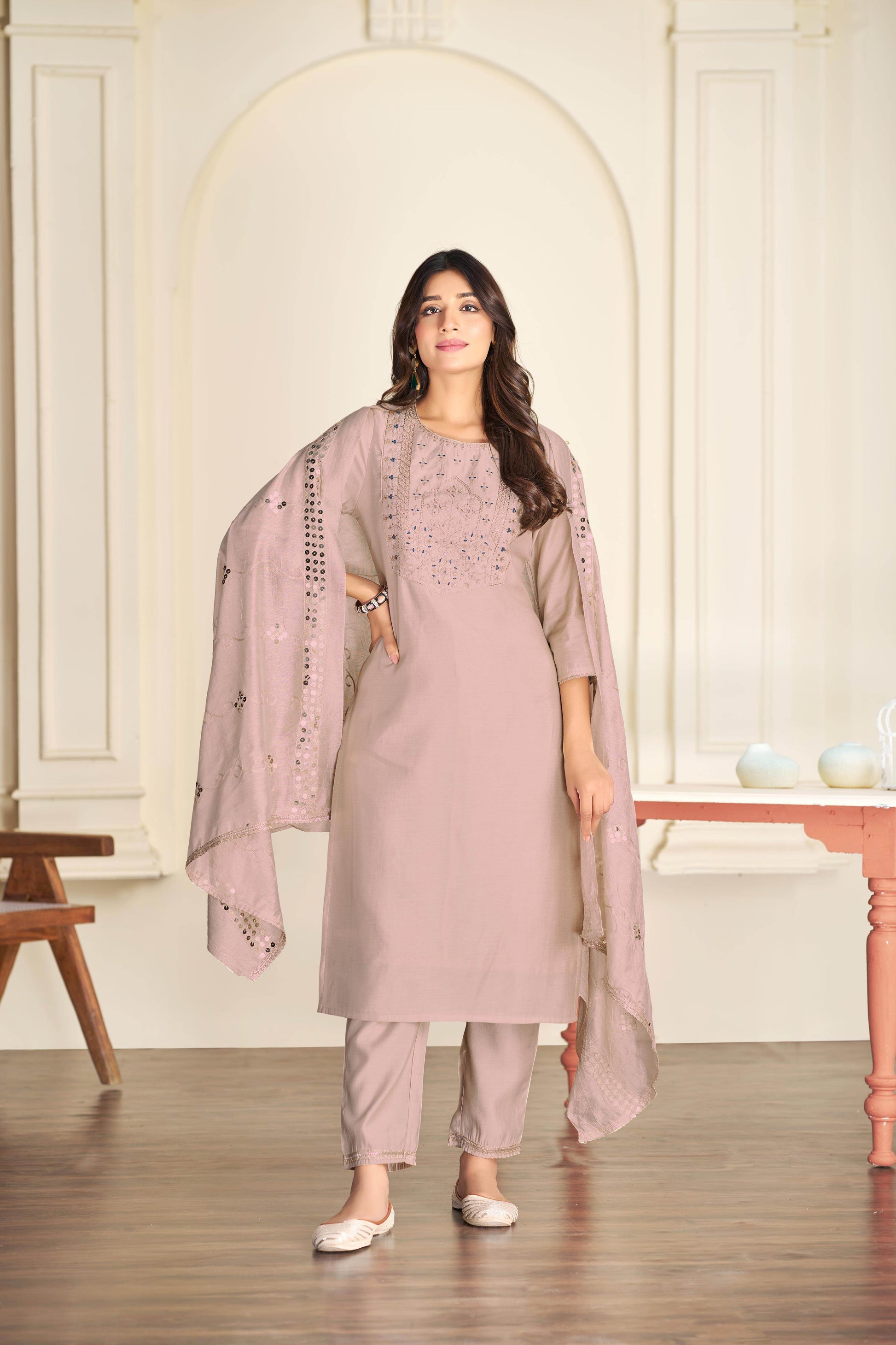 Prachi Silk Beige Kurta Set with Dupatta - BulBul