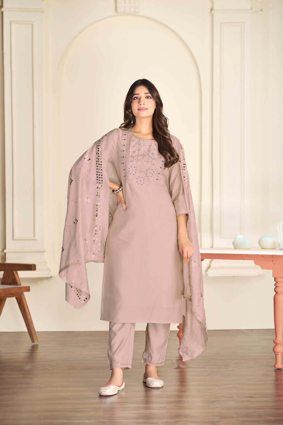Prachi Silk Beige Kurta Set with Dupatta - BulBul