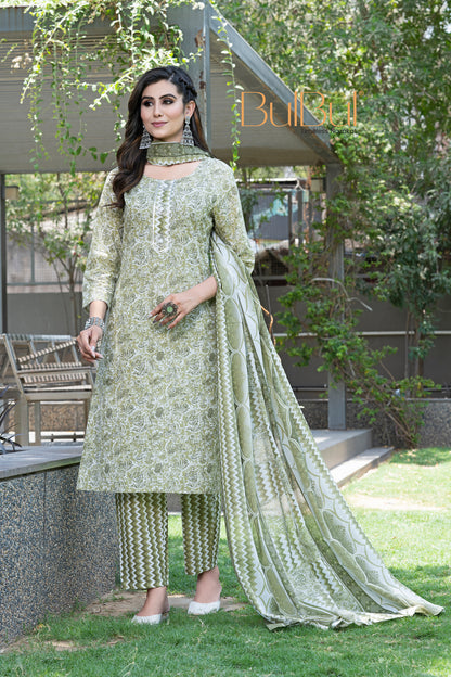 Pure Cotton Green Floral Printed Kurta Set with Silver Zari Thread & Sequin Embroidered Placket