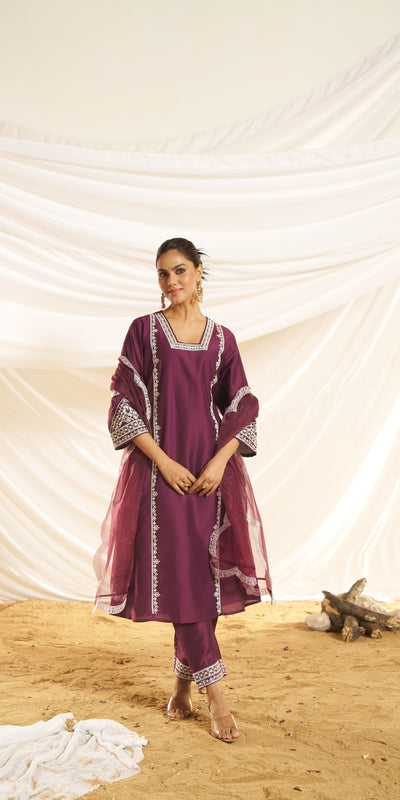 BulBul Women Kayra Wine Embroidered Premium Silk Suit Set With Dupatta