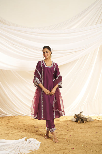 Kayra Wine Hand Aari Embroidered A-Line Suit Set in Chinnon Silk with Pure Cotton Mul Lining