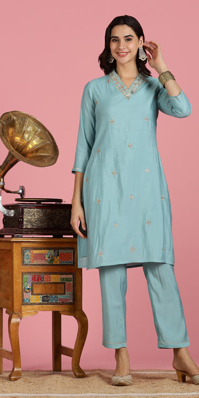 Women Sky Blue Dori Embroidered Roman Silk Kurta Set