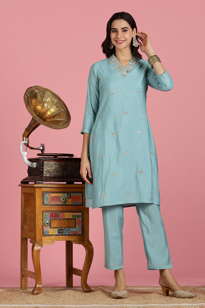 Sky Blue Chanderi Silk Kurta Set with Zari Embroidered Neckline, Sequin Detailing and Cotton Mul Lining