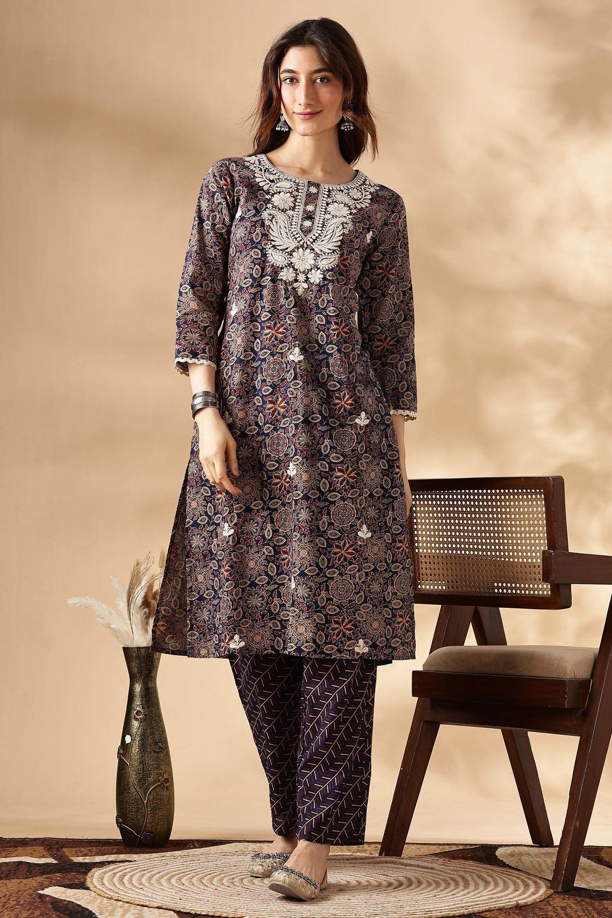 Cotton Navy Kurta Set with Dupatta - BulBul