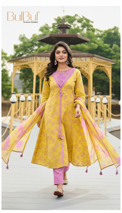 Printed Pure Karina Mustard Floral Cotton Kurta Set with Embroidered and Mirror Work Neckline, Tassel Detailing and Dupatta