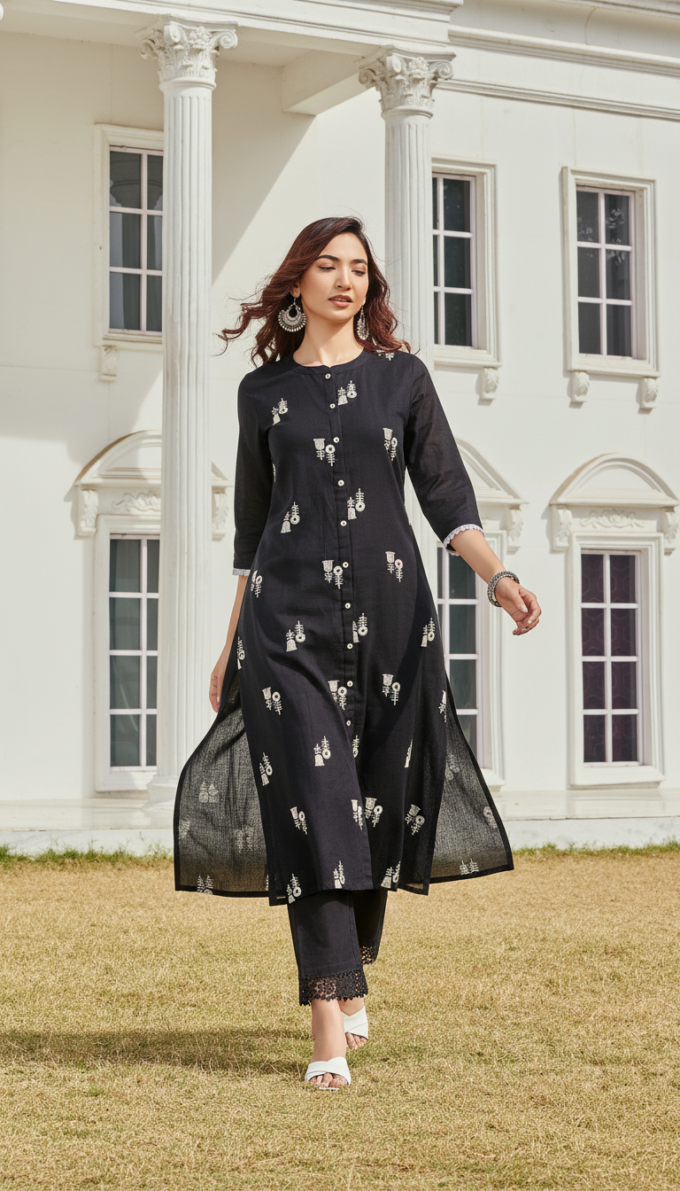 Rashmika Pure Cotton  Linen Black Kurta Set with Classic Embroidered Buti Accents