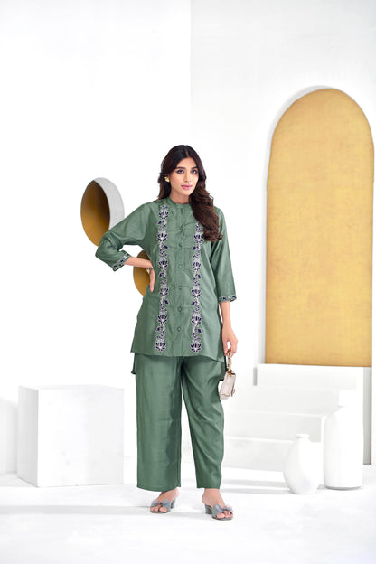Deepti Chanderi Olive Co-Ord Set - BulBul
