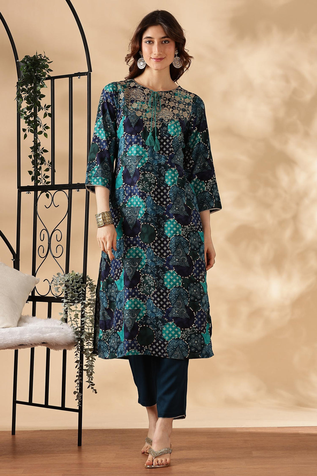 Kamolika Printed Aqua Salwar Suit with Hand Zari Thread Embroidered Neckline in Viscose