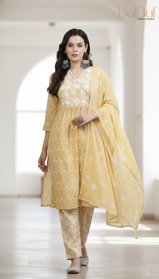 Pure Cotton Gulfam Off White Floral Printed Kurta Set with Cotton Mul Lining, Glass Bugle Handwork Neckline and Dupatta
