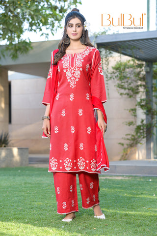 Akshyani Rust Embroidered Viscose Kurta Set with Intricate White Chikankari Style Detailing and Dupatta