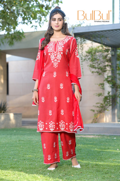 Akshyani Rust Embroidered Viscose Kurta Set with Intricate White Chikankari Style Detailing and Dupatta