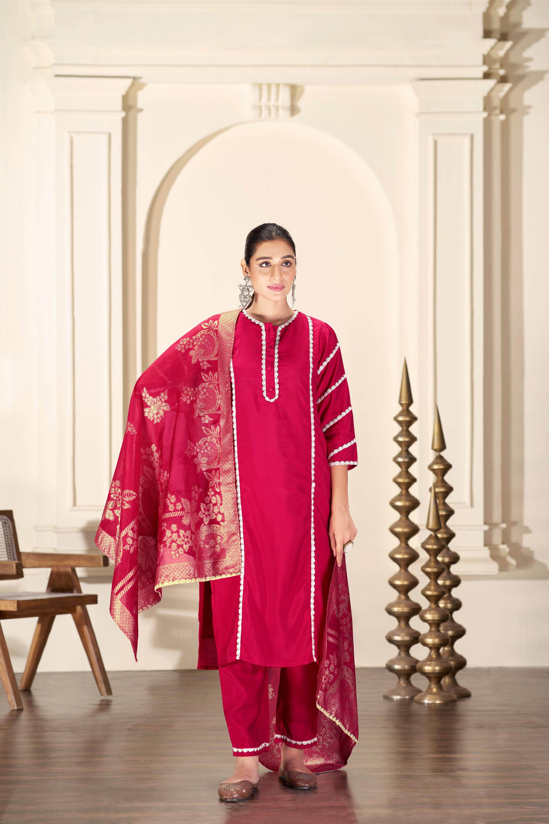 Almina Red Silk Kurta Set with Dupatta - BulBul