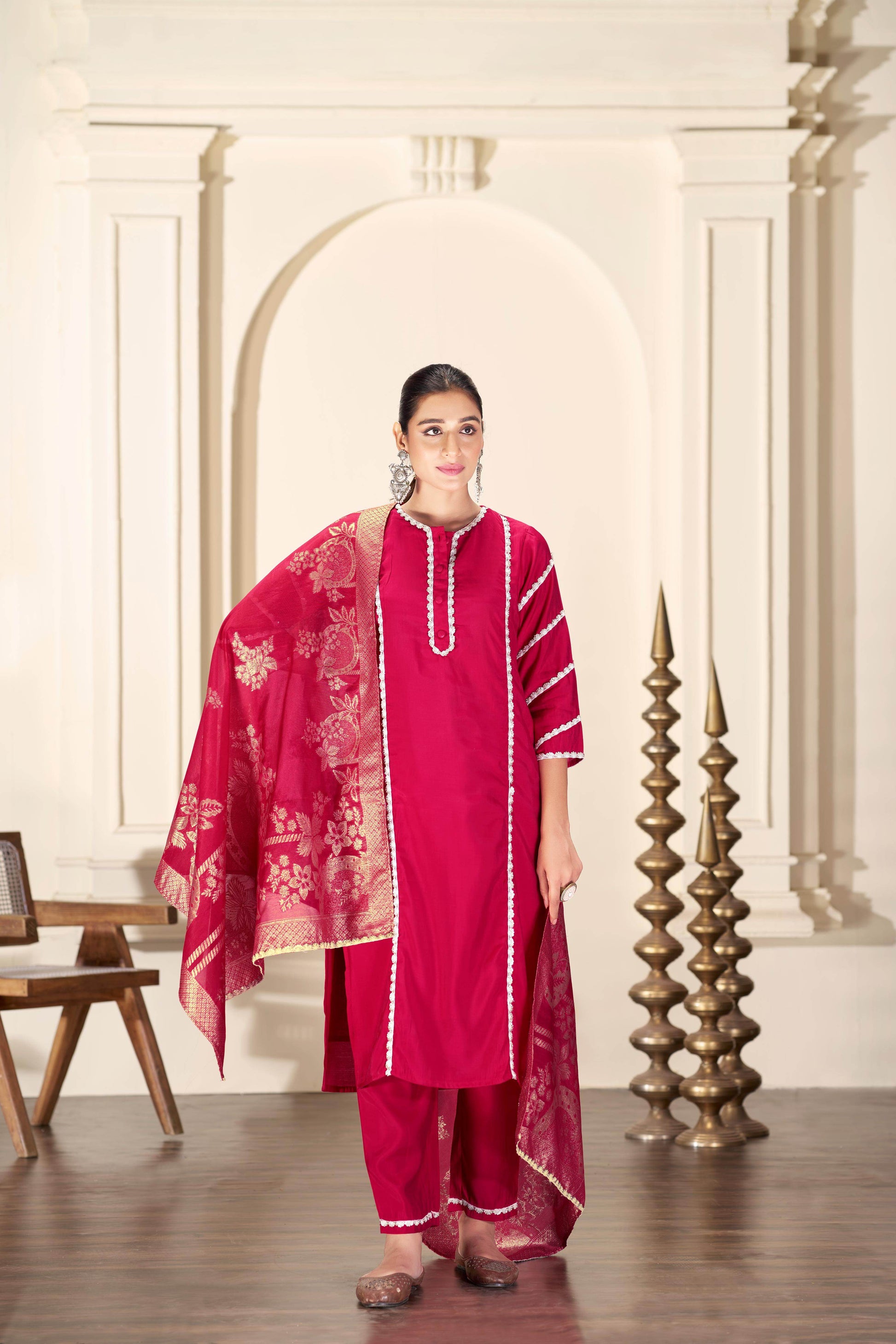 Almina Red Silk Kurta Set with Dupatta - BulBul