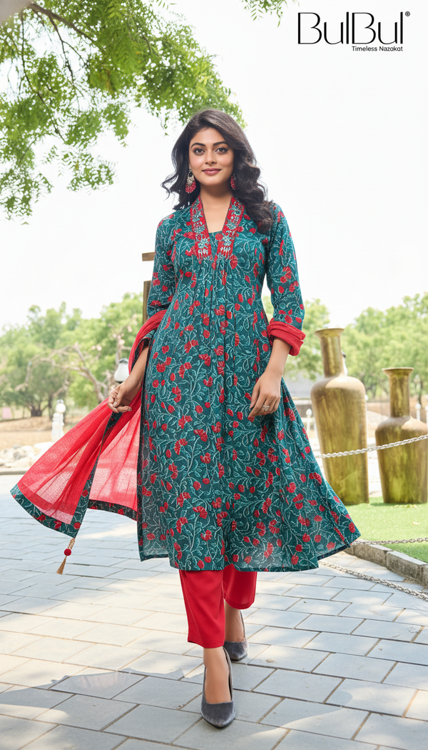 Pure Cotton Anupriya Blue Floral Printed Pure Cotton Kurta Set with Resham Thread Embroidered Neckline and Handcrafted Mirror Work with Dupatta
