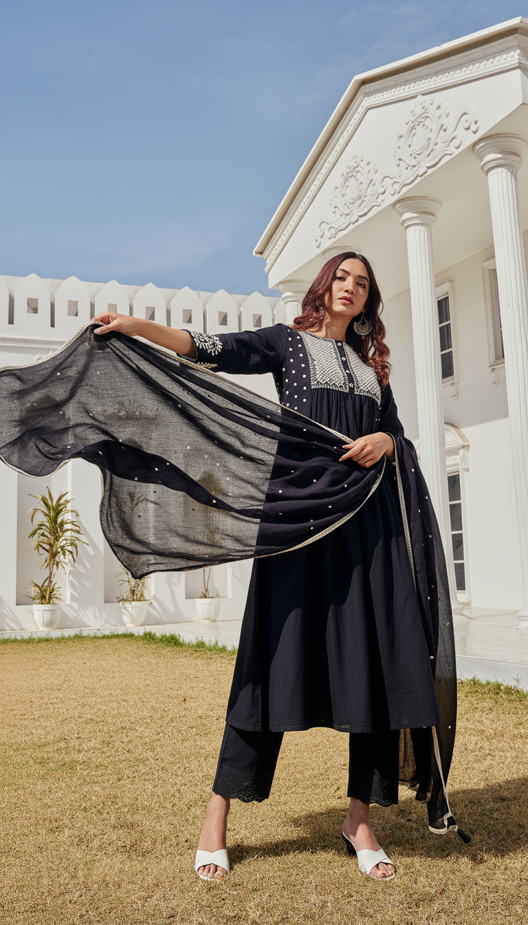 Abhilasha Pure Cotton Linen Black Kurta Set with Intricate Thread Embroidery and Mirror Accents, Embroidered Sleeves and Cotton Mul Lining