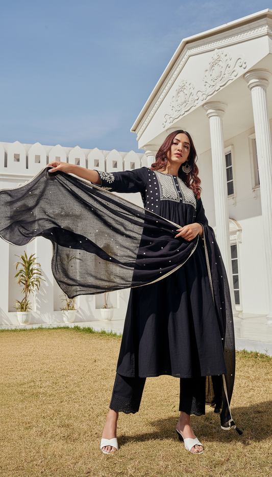 Abhilasha Cotton Black Kurta Set with Dupatta