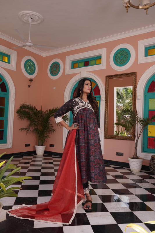 Bhumika Chanderi Red Kurta Set with Dupatta - BulBul