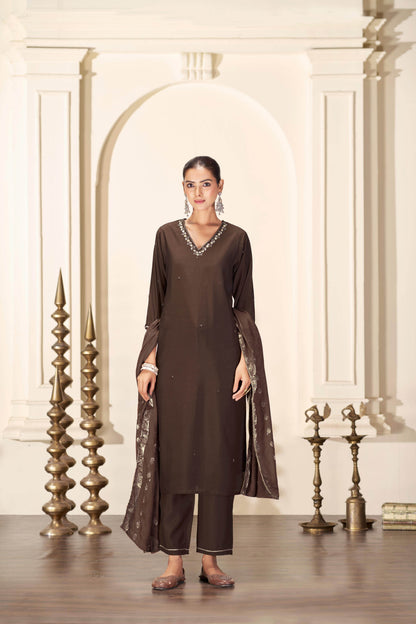Nirjari Brown Silk Kurta Set with Dupatta - BulBul