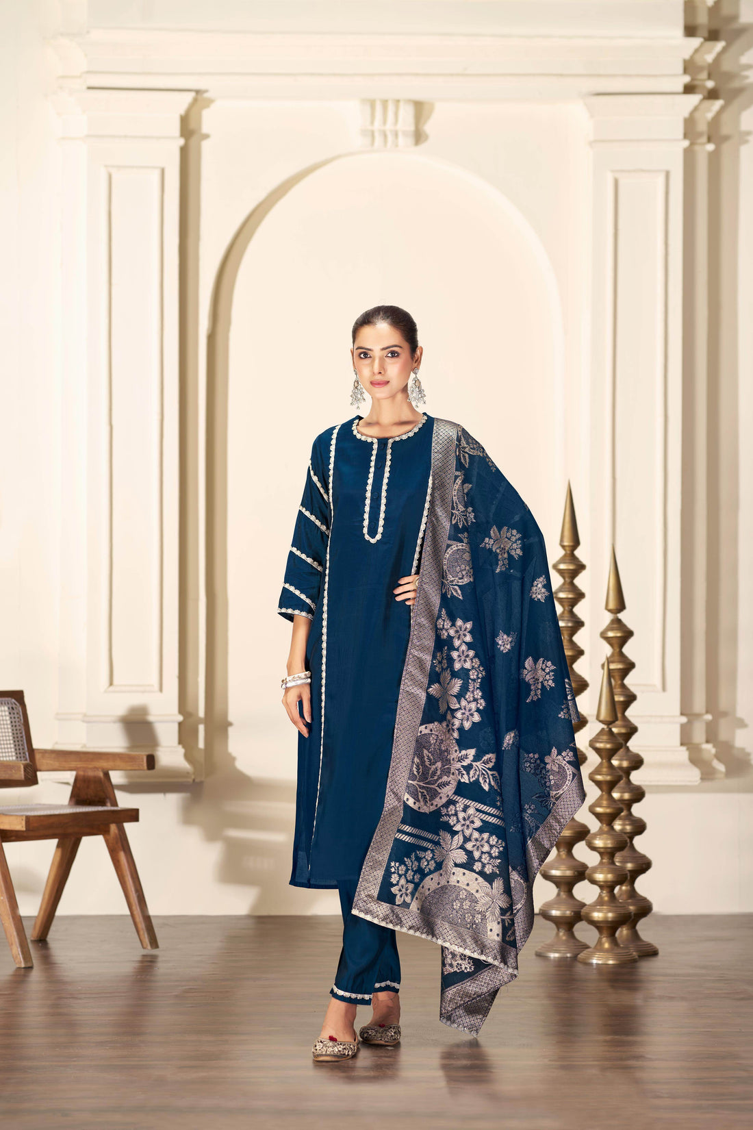Almina Navy Silk Kurta Set with Dupatta - BulBul