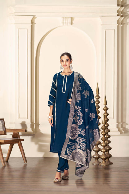 Almina Navy Silk Kurta Set with Dupatta - BulBul