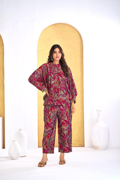 Mehzabin Red Modal Chanderi Co-Ord Set with Zari Embroidered Sequin Cuffs and Statement Bell Sleeves