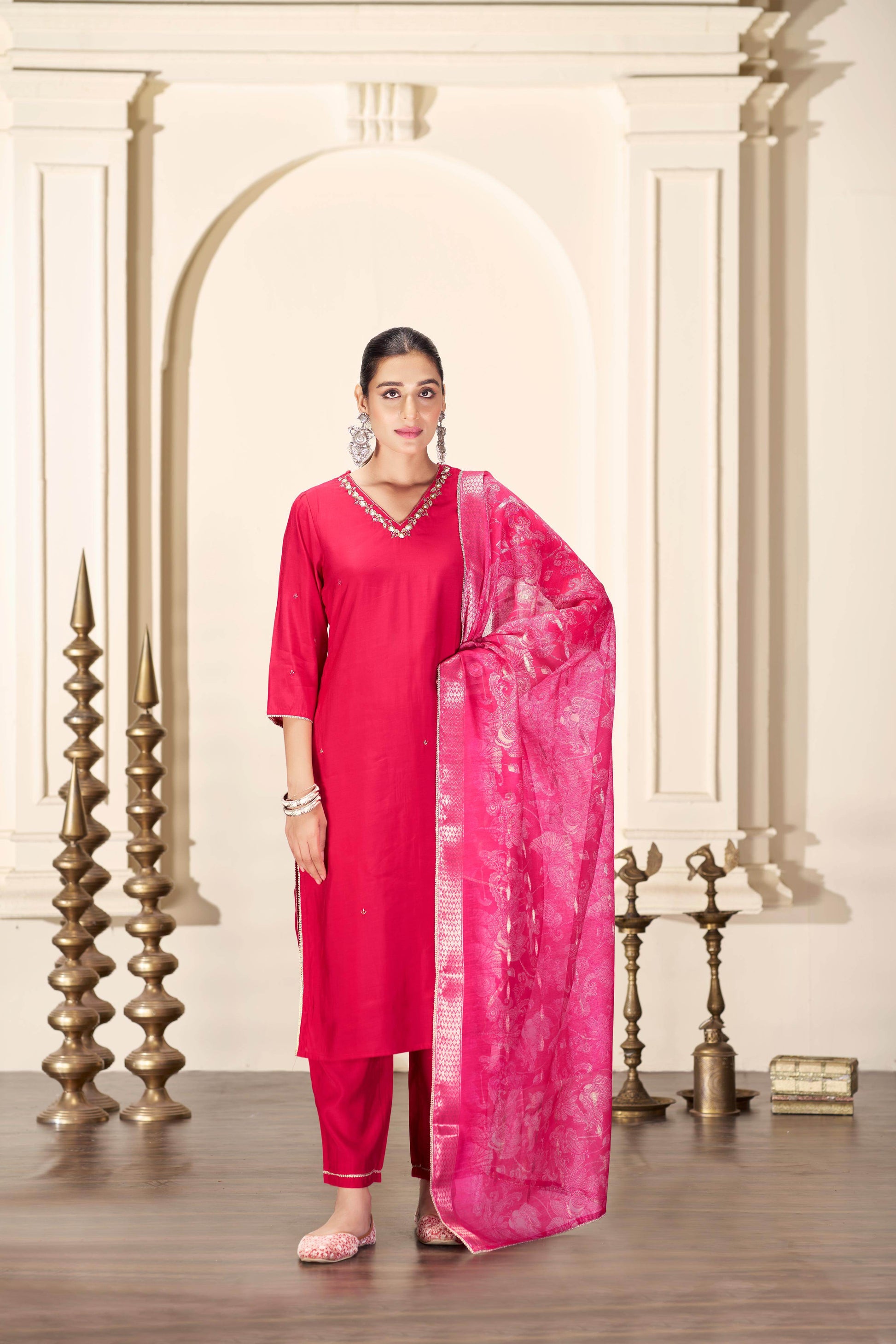 Nirjari Red Silk Kurta Set with Dupatta - BulBul