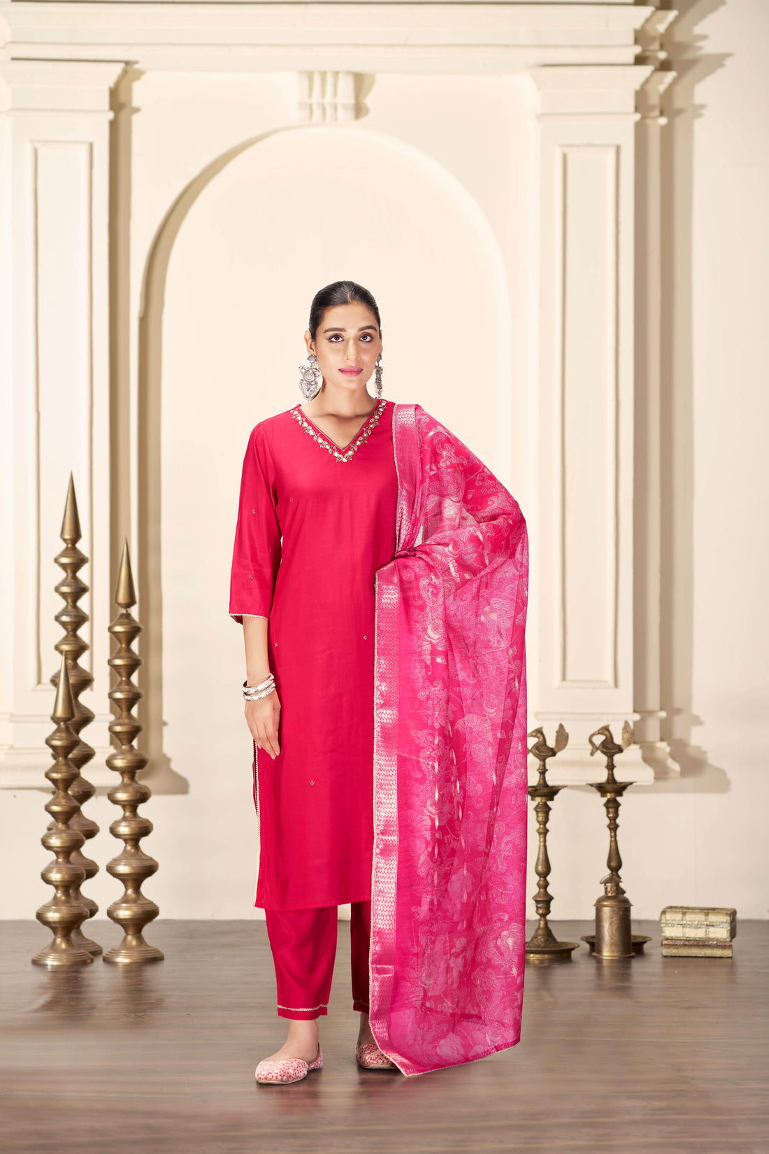 Nirjari Red Silk Kurta Set with Dupatta - BulBul
