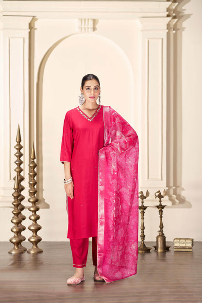 Nirjari Red Silk Kurta Set with Dupatta - BulBul