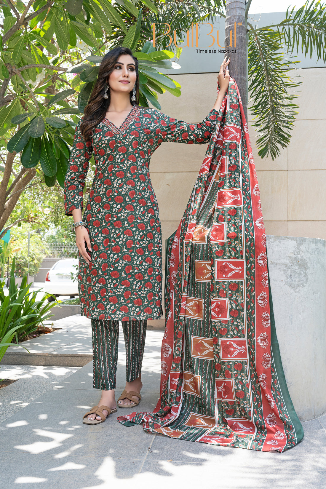 Pure Cotton Fashionista Green Floral Printed Kurta Set with Contrast Thread-Detailed V-Neck and Dupatta