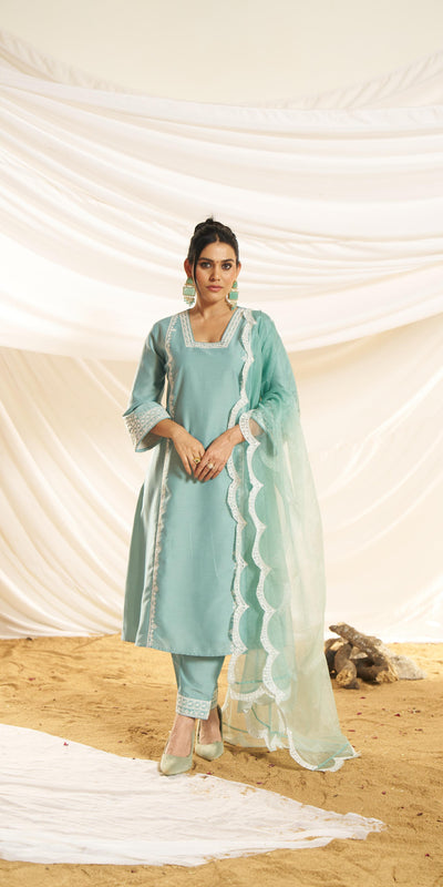BulBul Women Kayra Aqua Embroidered Premium Silk Suit Set With Dupatta