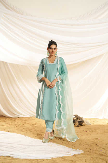Kayra Aqua Hand Aari Embroidered A-Line Suit Set in Chinnon Silk with Pure Cotton Mul Lining