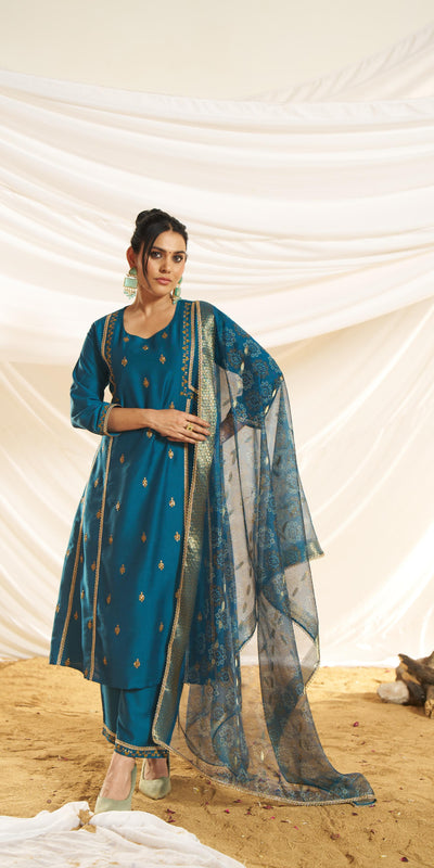 BulBul Women Kayra Teal Embroidered Premium Silk Suit With Dupatta