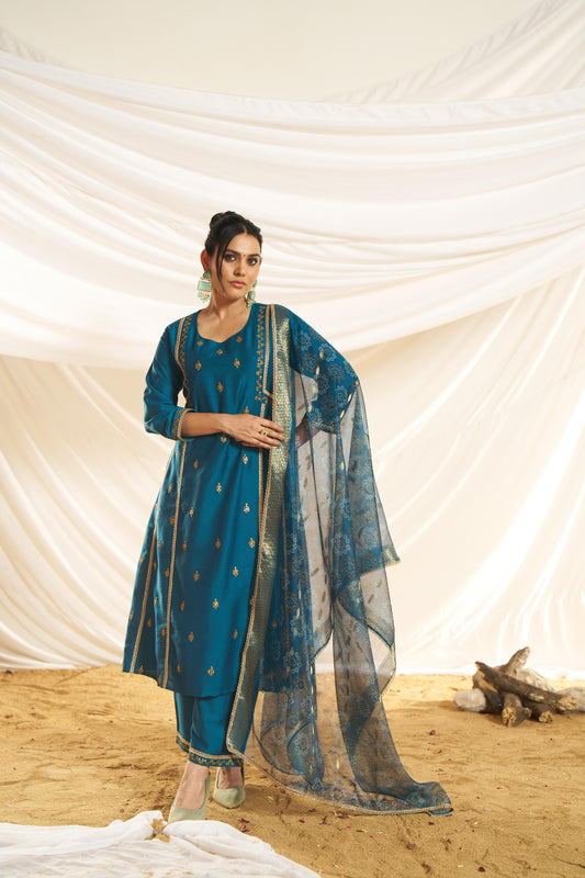 BulBul Women Kayra Teal Embroidered Premium Silk Suit With Dupatta