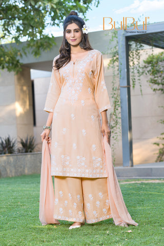Meher Peach Rayon Kurta Set with Chikankari White Floral Embroidery and Dupatta