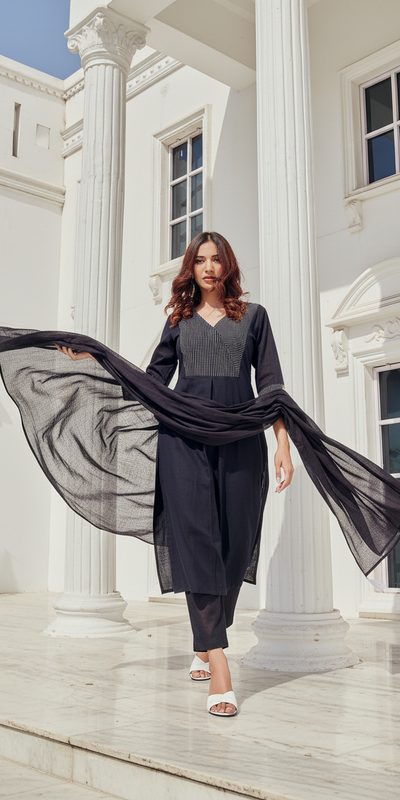 Khushi Black Cotton Kurta Set with Dupatta