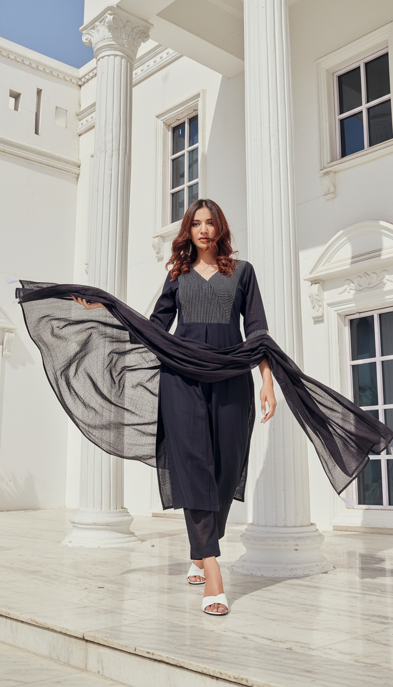 Pure Cotton  Linen Khushi Black Kurta Set with Dupatta FeaturingThread Embroidery on Neckline and Cuffs with Tassel Detailing and Cotton Lining