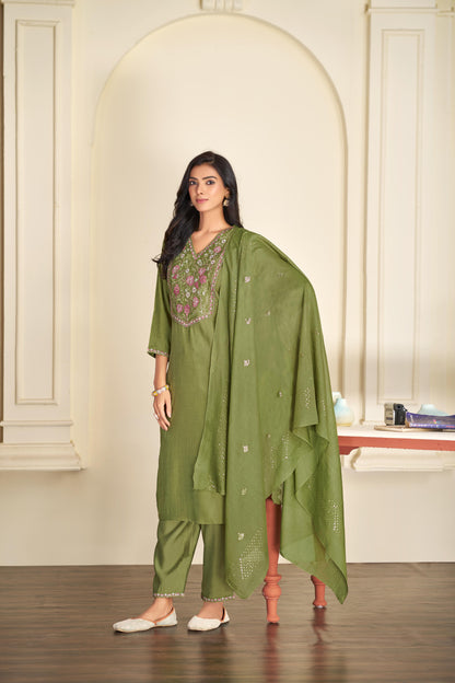 Preksha Olive Green Multi-Color Floral Embroidered Kurta Set with Hand Sequin Work & Sequin Dupatta in Chanderi Silk with Cotton Mul Lining