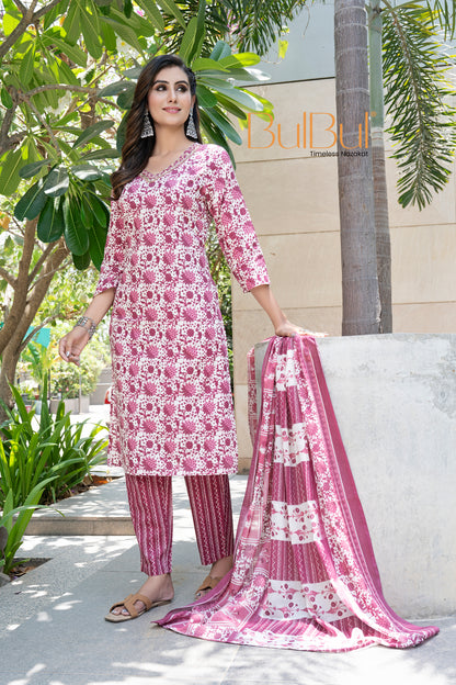 Pure Cotton Wine Floral Printed Kurta Set with Sequin Embellished Neckline & Dupatta