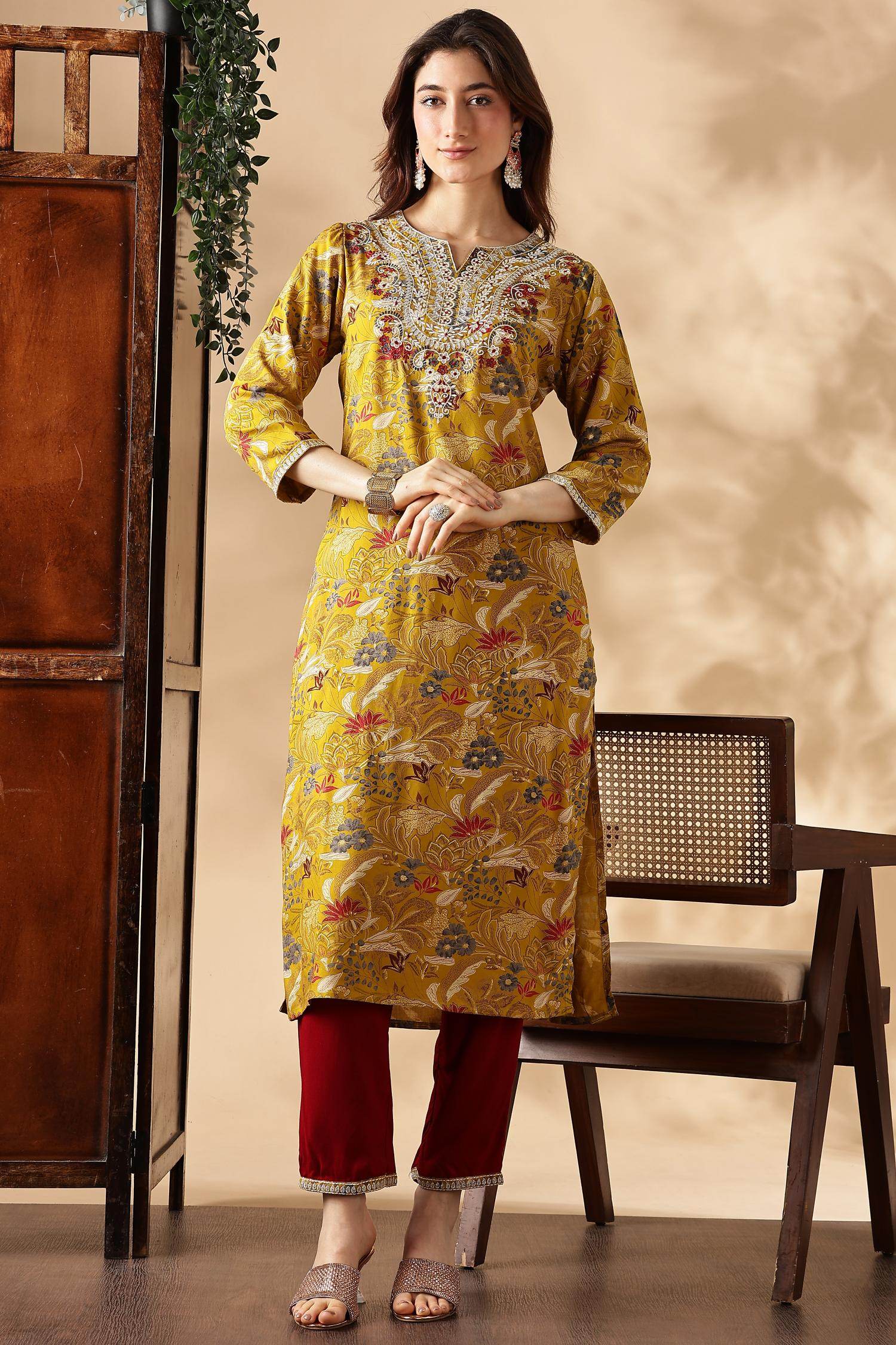 Alfina Yellow Rayon Kurta Set with Dupatta - BulBul