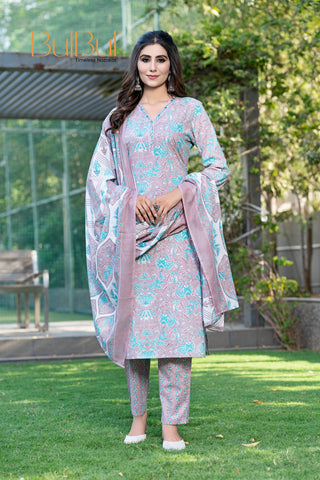 Pure Cotton Fashionista Brown Printed Kurta Set with Thread & Mirror Work
