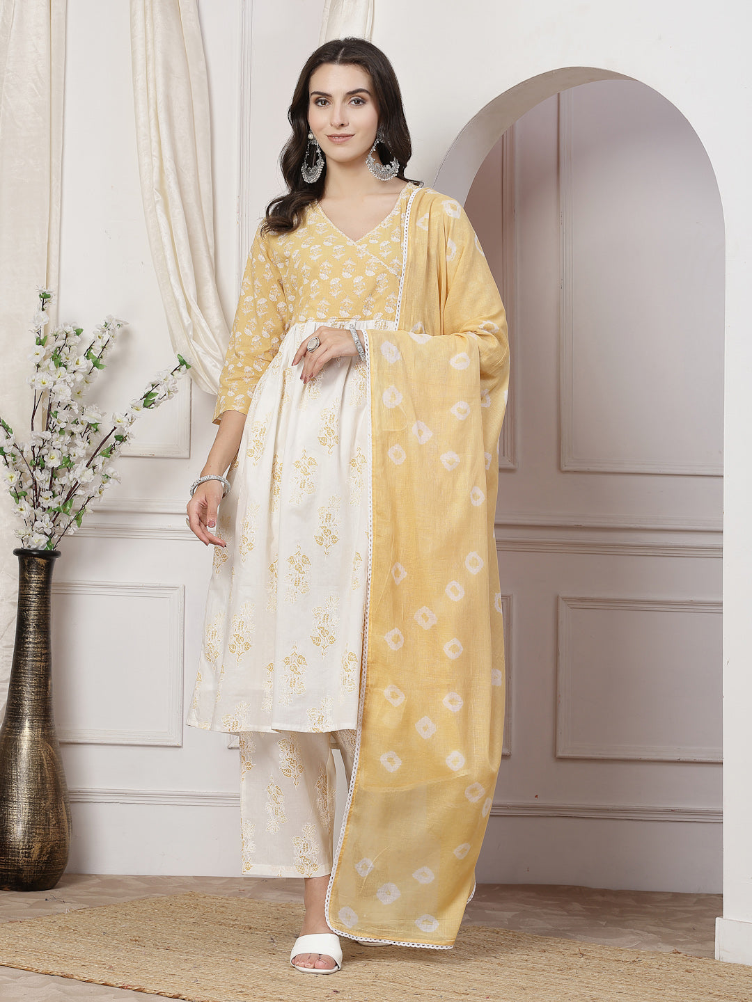 Nisha Off White Floral Printed Pure Cotton Angrakha Kurta Set with Cotton Mul Lining and Subtle Glass Bugle Handwork with Dupatta