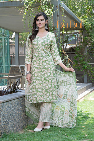 Pure Cotton Green Printed Kurta Set with Floral Sequin Highlights & Dupatta