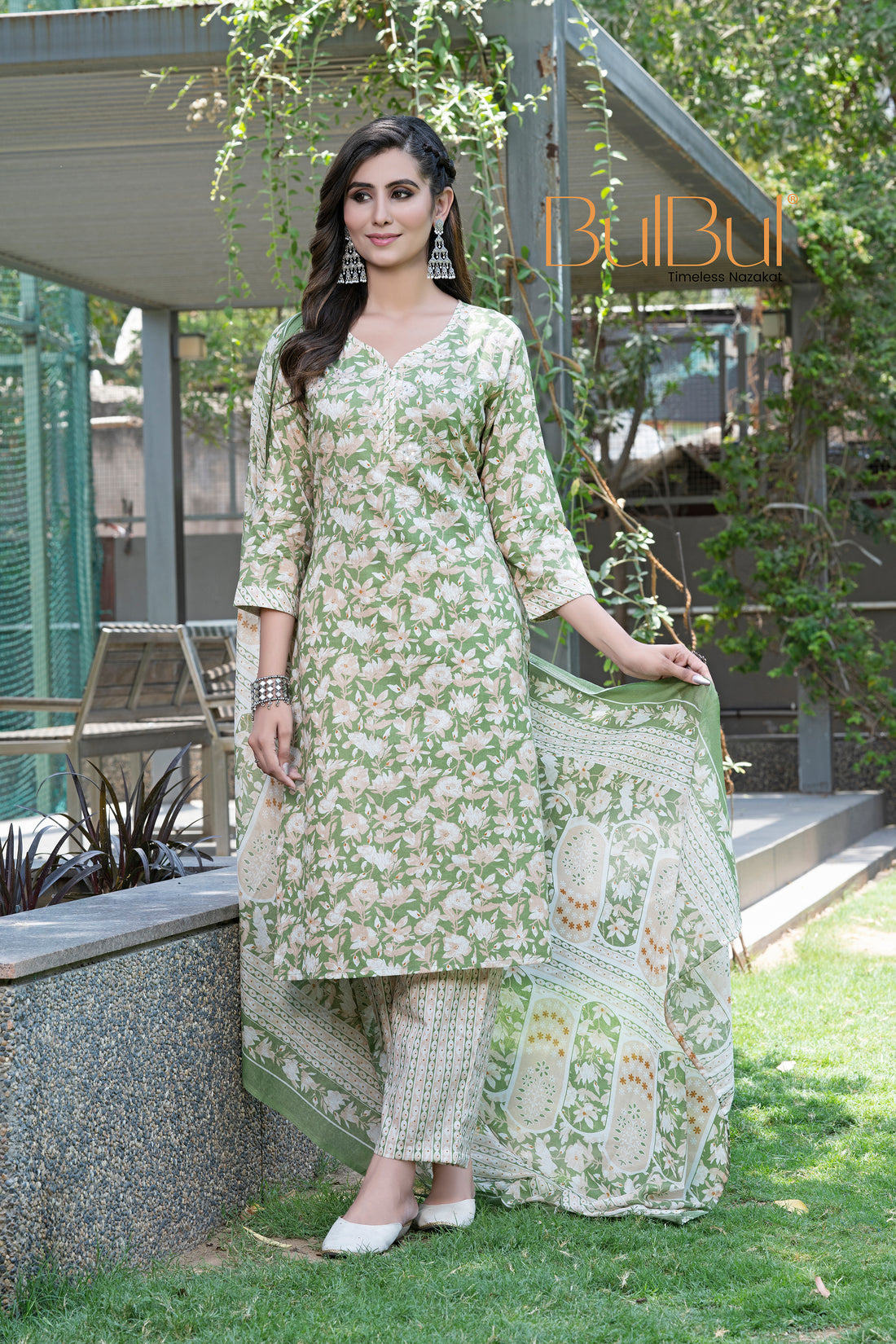 Pure Cotton Green Printed Kurta Set with Floral Sequin Highlights & Dupatta