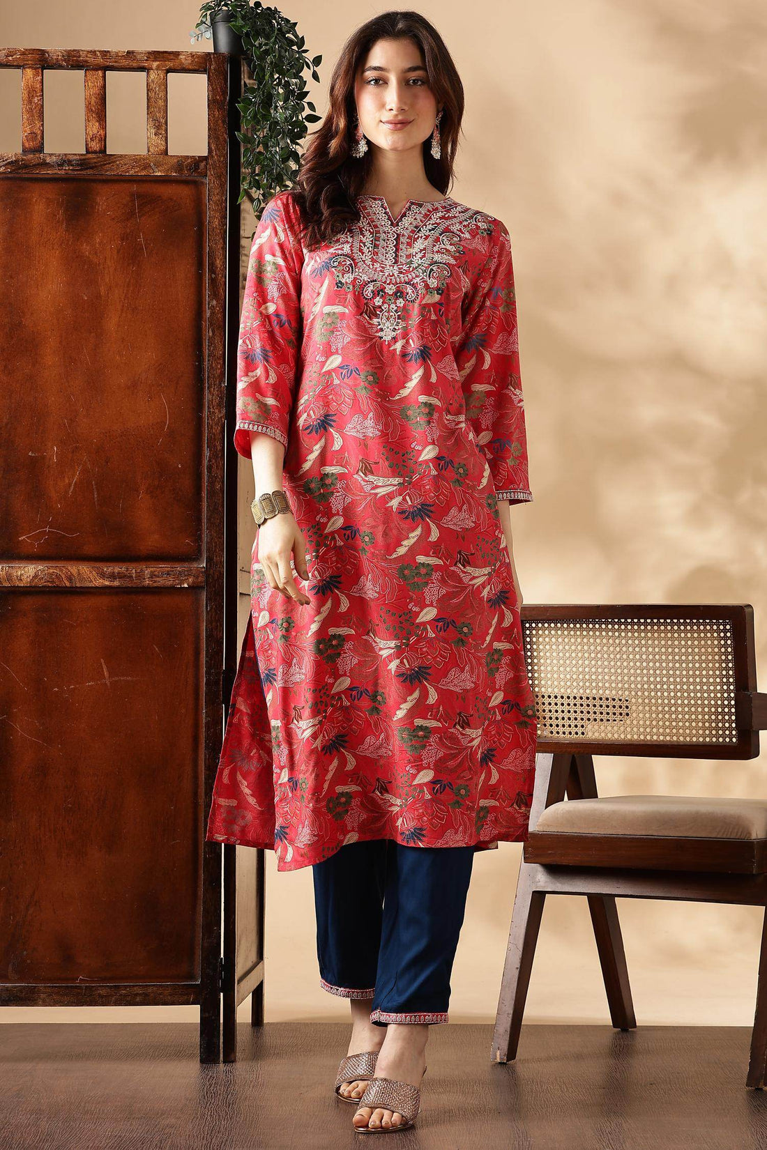 Alfina Red Rayon Kurta Set with Dupatta - BulBul