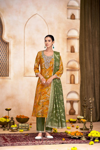 Rashmi Mustard Hand Zari and Sequins Embellished Work Suit Set in Chanderi Silk with Pure Cotton Mul Lining
