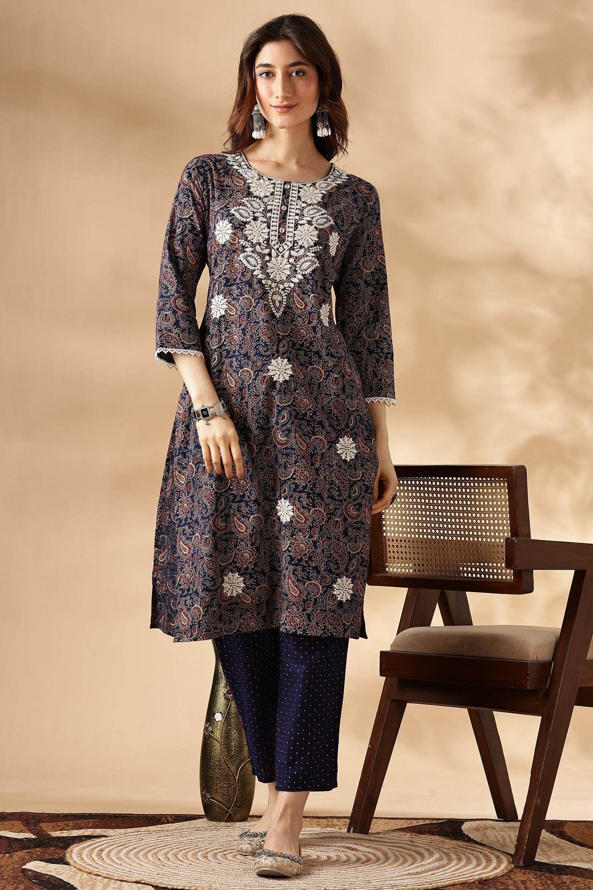 Embroidered Cotton Navy Kurta Set with Dupatta - BulBul