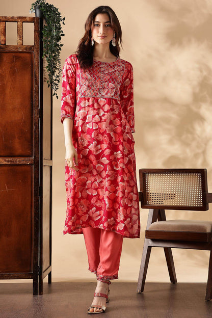 Simar Rayon Fuschia Kurta Set with Dupatta - BulBul