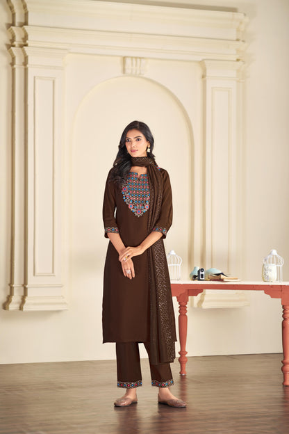 Samira Brown Multi-Color Floral & Jaali Embroidered Yoke Kurta Set with Sequin Work Dupatta in Chanderi Silk with Cotton Mul Lining